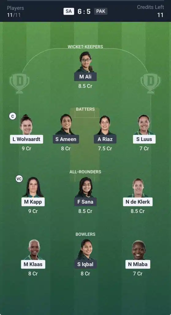 Dream 11 team for sa women vs pak women