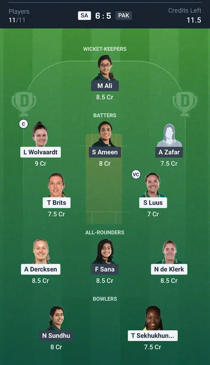 Dream11 Team For SA Women vs PAK Women