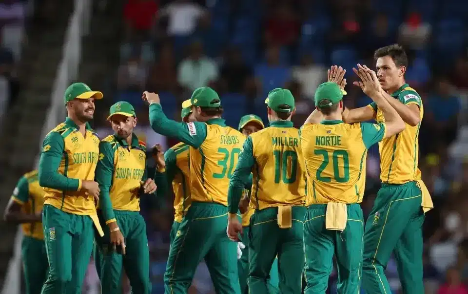 South African team celebrating after a dismissal South African team celebrating after a dismissal