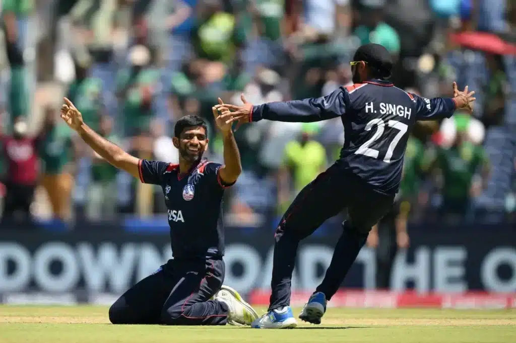 Team USA players celebrate after the wicket