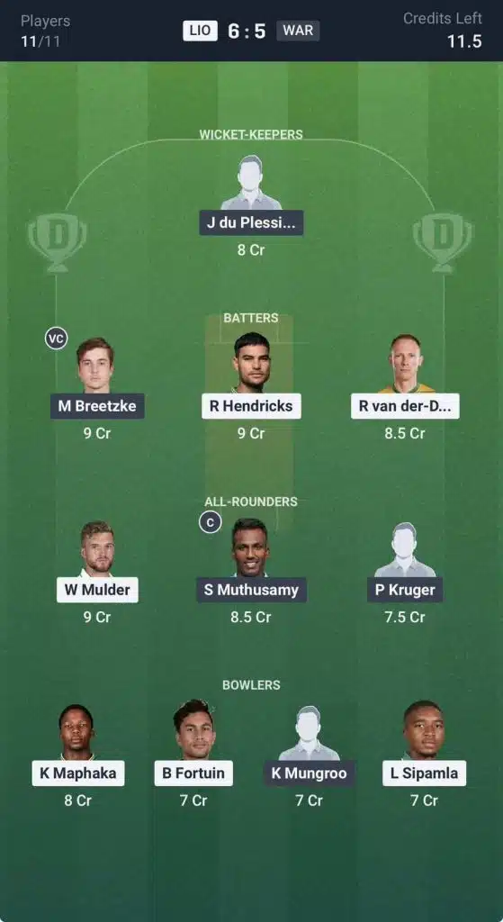Dream11 team for LIO vs WAR